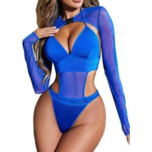 Women Blue Festival Sexy Lingerie Bodysuit Buckle Shrug Crop Top Set Outfits